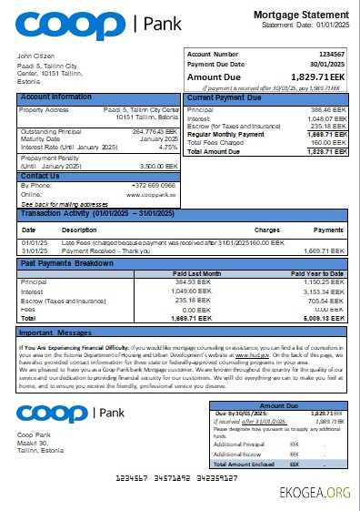Estonie Coop Pank relevé hypothécaire de la banque scr